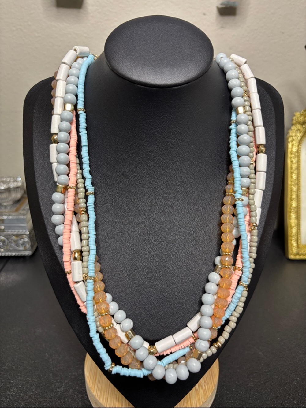 Pastel Mixed Media Layered Boho Gold Tone Statement Necklace